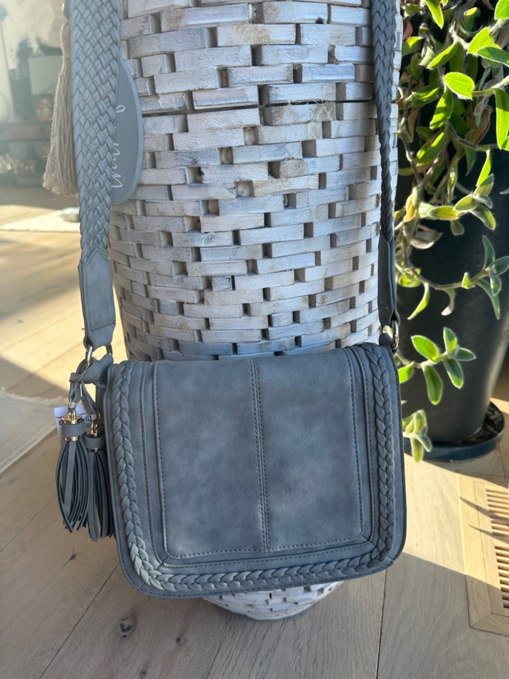 Woven-Trim Crossbody Bag in Gray - Women's Shoulder Purse